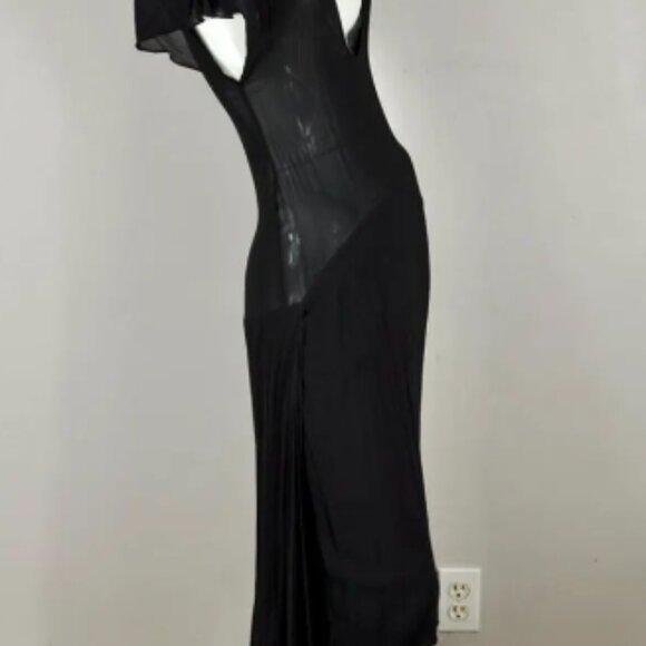 Vintage Black Silk Deep-V Scoop Neck Semi-sheer Drop Waist Asymmetrical Dress - Picture 5 of 7